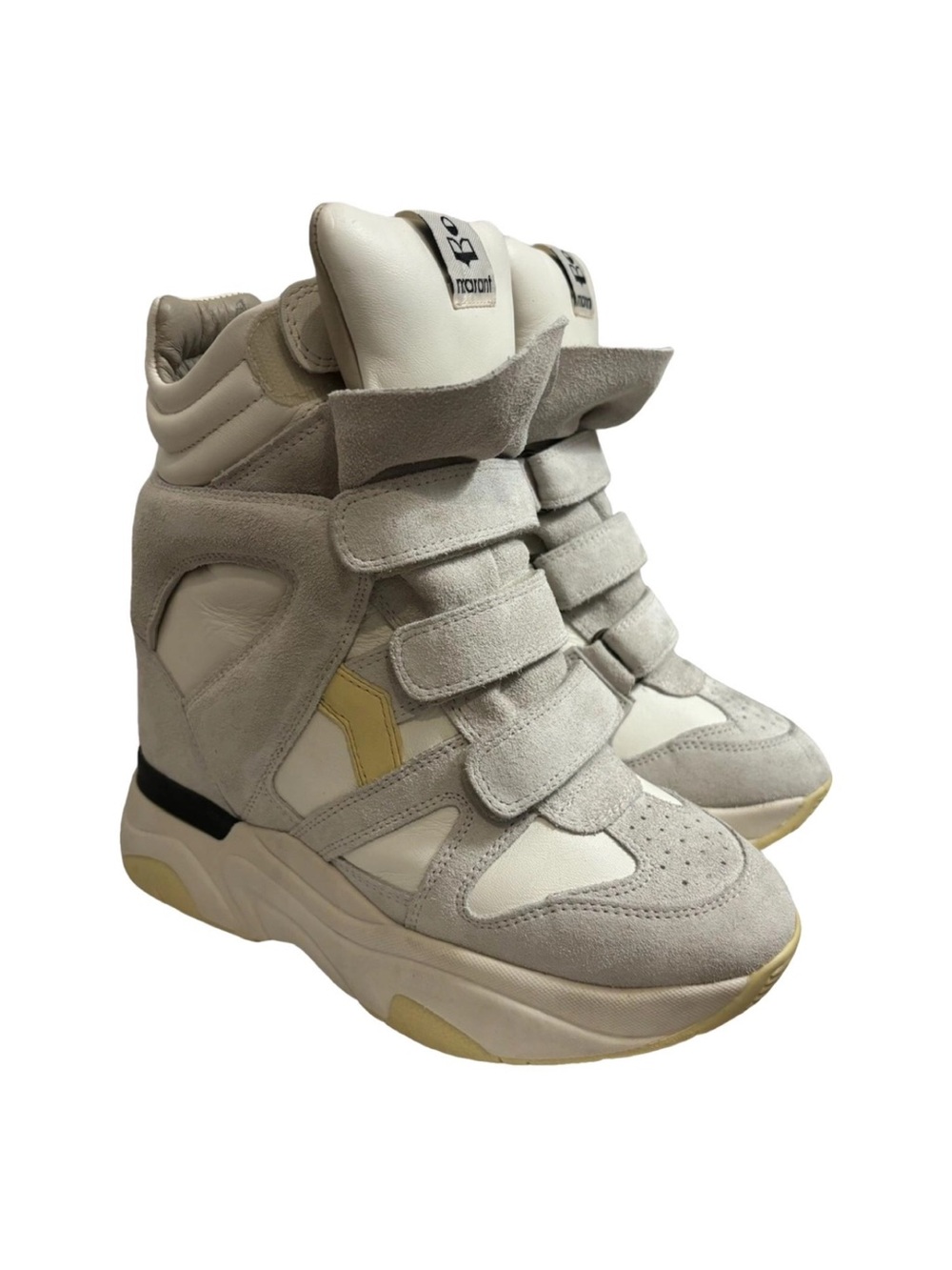 Isabel Marant High-Top Wedge Sneakers in Light Gray, Cream and Yellow